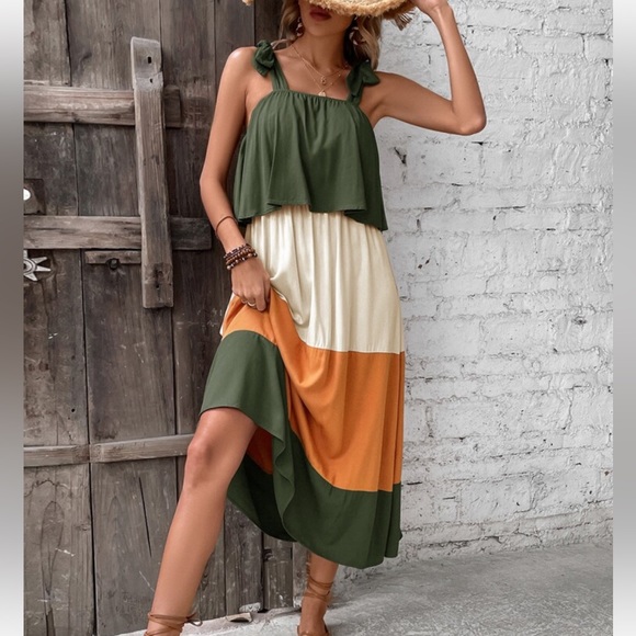Boho Color Block Ruffle Neck Cami Maxi Dress - Picture 8 of 8